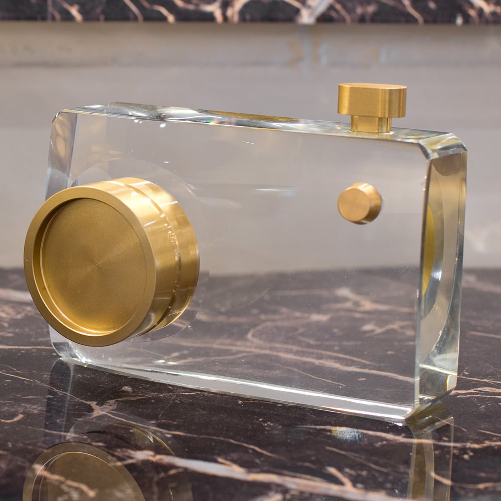 Bogota Crystal Glass Camera Ornament In Clear And Gold