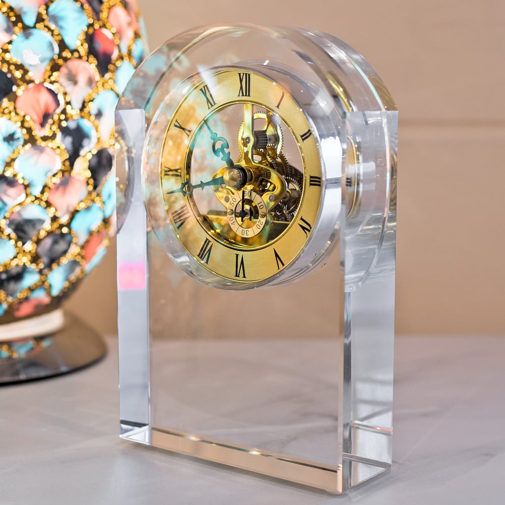 Bogota Crystal Glass Oval Mantle Clock Ornament In Clear And Gold