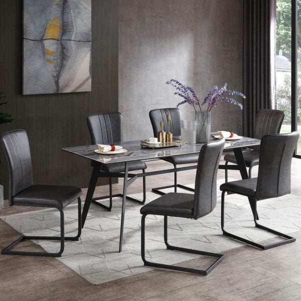 Bolivia Glass Dining Table With 6 Antique Grey Chairs In Blue Mist | Bed Sava