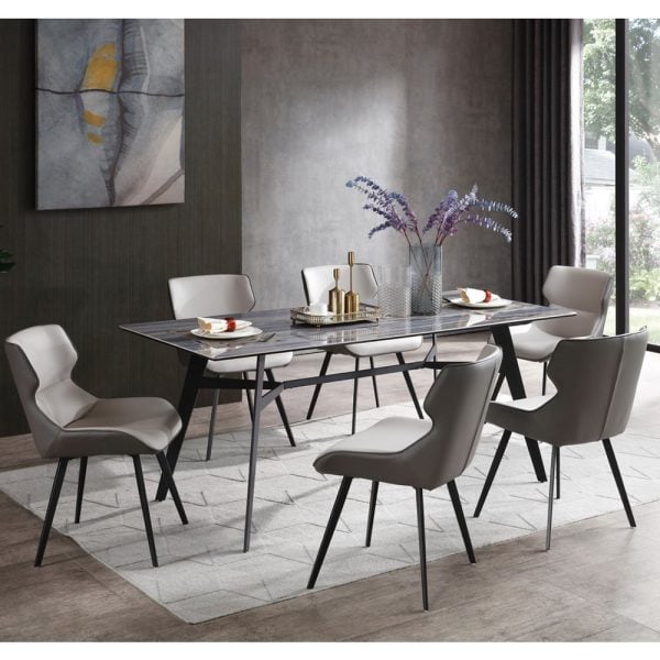 Bolivia Glass Dining Table With 6 Stone Grey Chairs In Blue Mist | Bed Sava