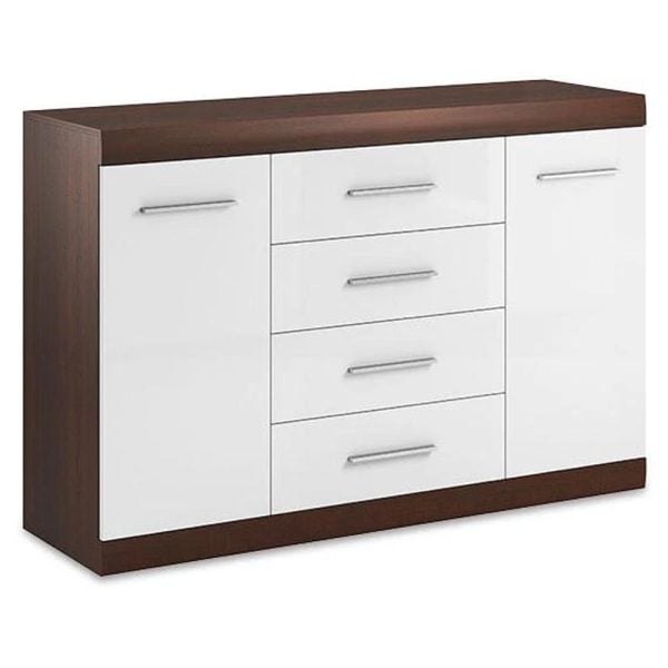 Bordon White Gloss Sideboard 2 Doors 4 Drawers In Chocolate Oak | Bed Sava