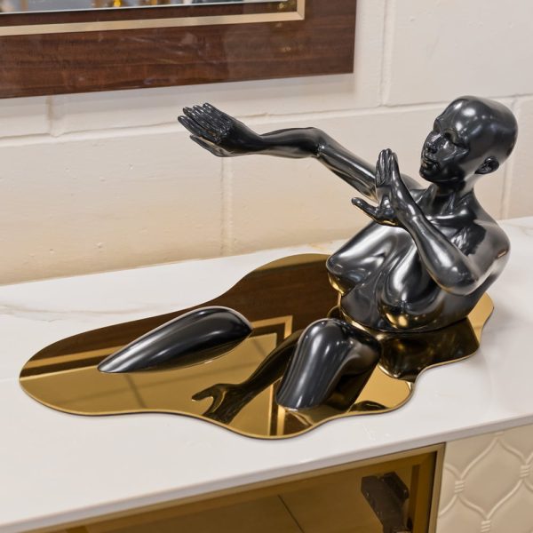 Boston Resin Bathing Lady Sculpture With Gold Base In Black | Bed Sava