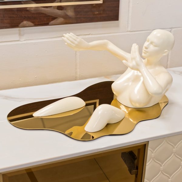Boston Resin Bathing Lady Sculpture With Gold Base In Cream | Bed Sava