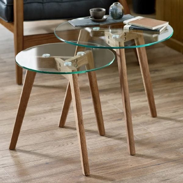 Bowler Glass Top Nest Of 2 Tables With Oak Wooden Legs | Bed Sava