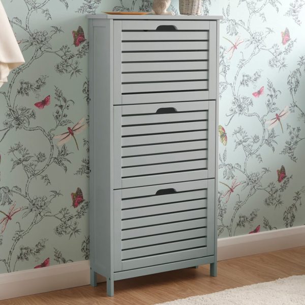 Breckles Wooden Shoe Storage Cabinet With 3 Flap Doors In Grey | Bed Sava