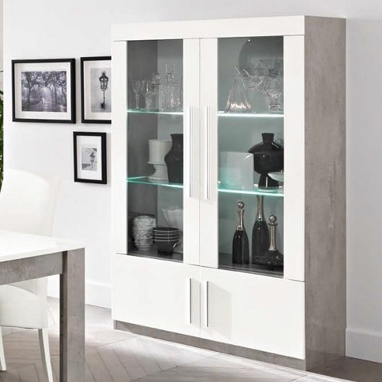 Breta Gloss Display Cabinet 2 Doors In White And Grey With LED | Bed Sava