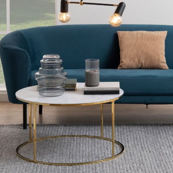 Brevard White Marble Effect Glass Coffee Table With Gold Frame | Bed Sava