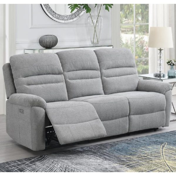 Brielle Fabric Electric Recliner 3 Seater Sofa In Grey | Bed Sava