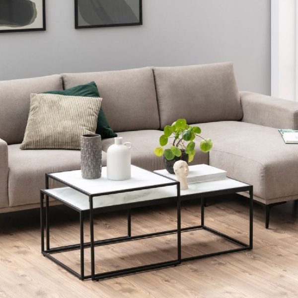 Bristol Marble Effect Glass Nesting Coffee Tables In White | Bed Sava