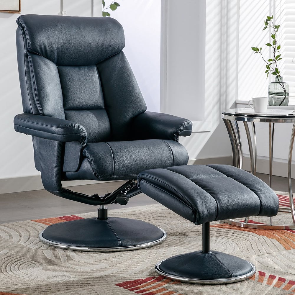 Brixton Faux Leather Recliner Chair With Stool In Navy