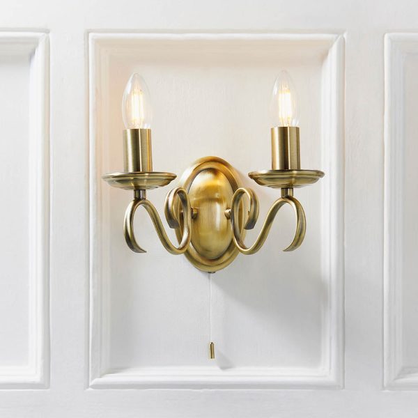 Brunswick 2 Lights Glass Twin Wall Light In Antique Brass | Bed Sava