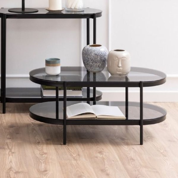 Bryan Smoked Glass Coffee Table Oval With Black Metal Frame | Bed Sava