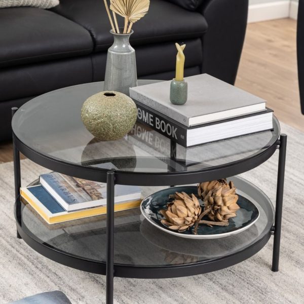Bryan Smoked Glass Coffee Table Round With Black Metal Frame | Bed Sava