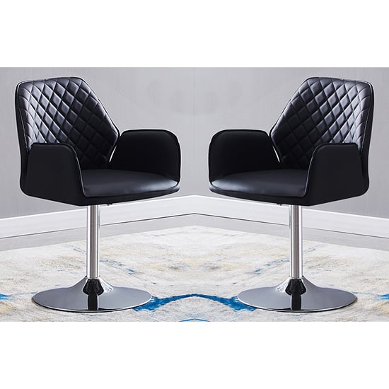 Bucketeer Swivel Black Faux Leather Dining Chairs In Pair