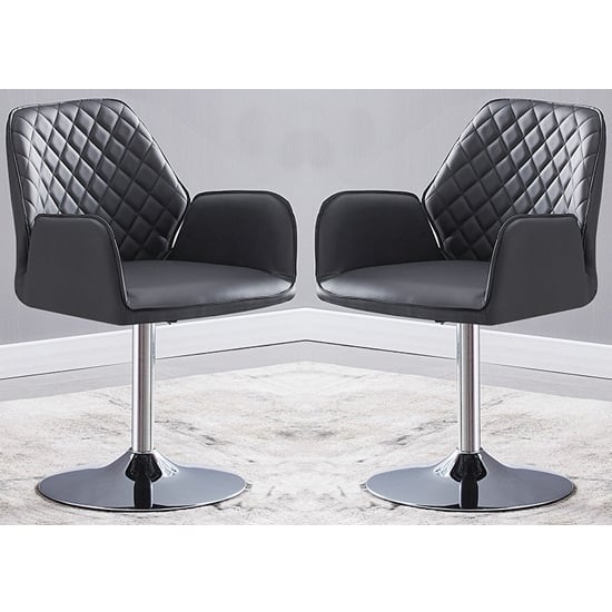 Bucketeer Swivel Grey Faux Leather Dining Chairs In Pair