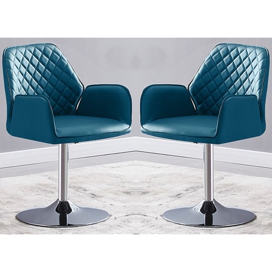 Bucketeer Swivel Teal Faux Leather Dining Chairs In Pair