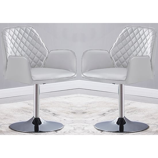 Bucketeer Swivel White Faux Leather Dining Chairs In Pair