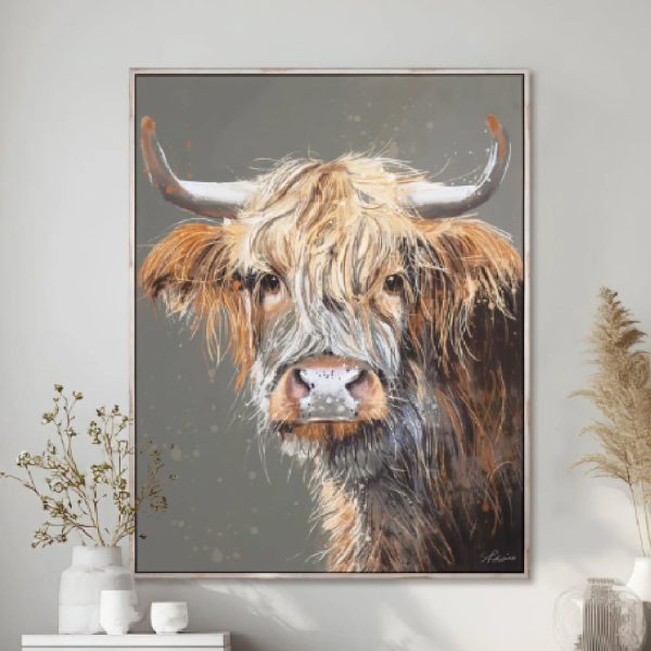 Bucyrus Large Canvas Highland Cow Wall Art In Oak Frame | Bed Sava