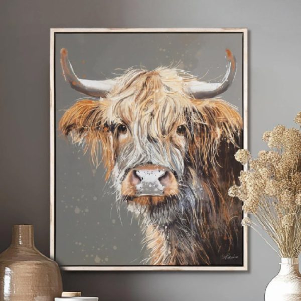Bucyrus Small Canvas Highland Cow Wall Art In Oak Frame | Bed Sava
