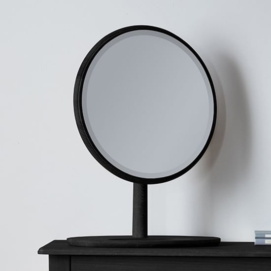 Burbank Round Dressing Mirror In Black Wooden Frame | Bed Sava