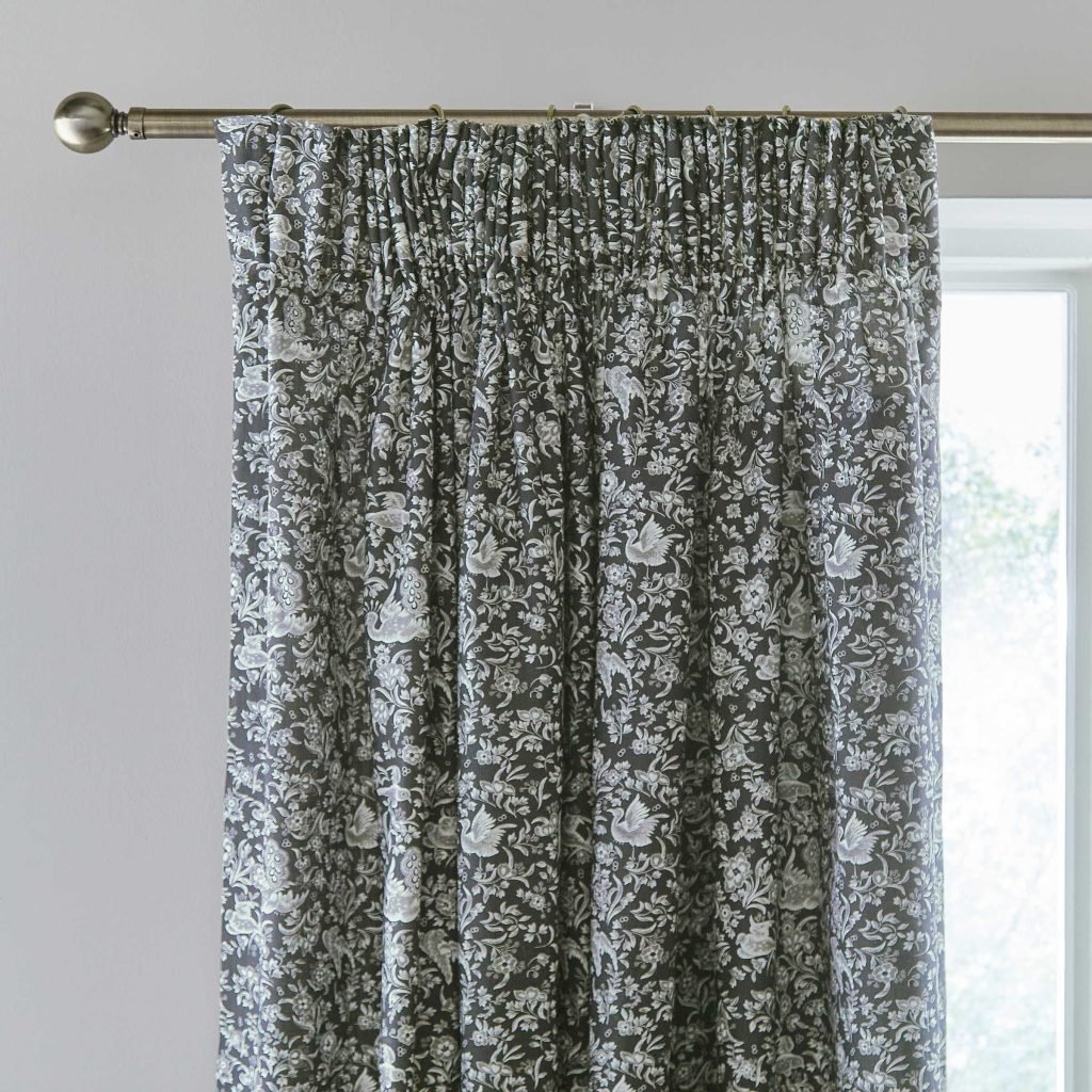Burleigh x Bedeck of Belfast Regal Peacock Lined Curtains 66" x 90", Charcoal/White
