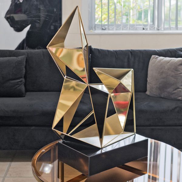 Burleson Polygon Sculpture With Black Metal Base In Gold | Bed Sava