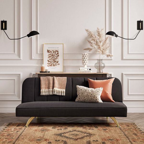 Burlington Velvet Sofa Bed With Gold Legs In Black | Bed Sava