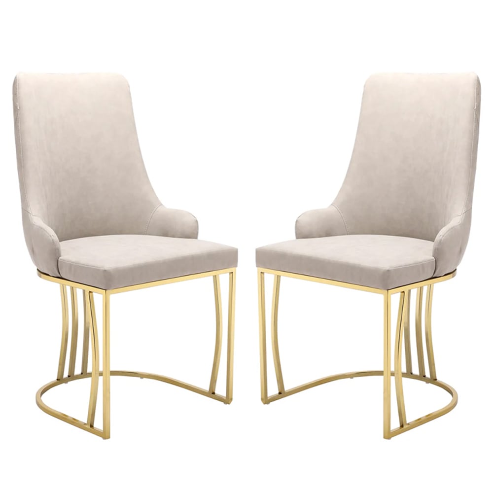 Burma Beige PU Leather Dining Chairs With Gold Frame In Pair