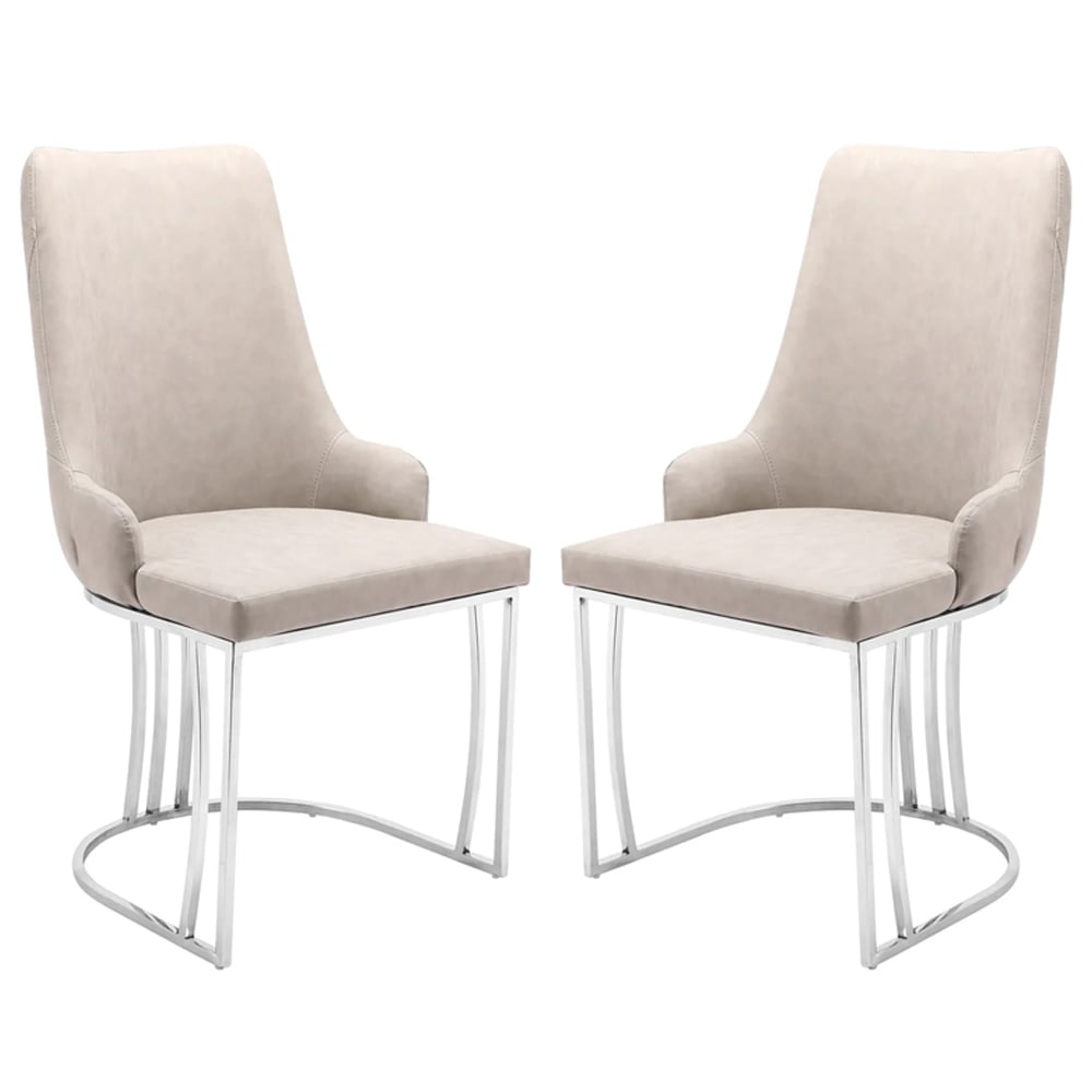 Burma Beige PU Leather Dining Chairs With Steel Frame In Pair