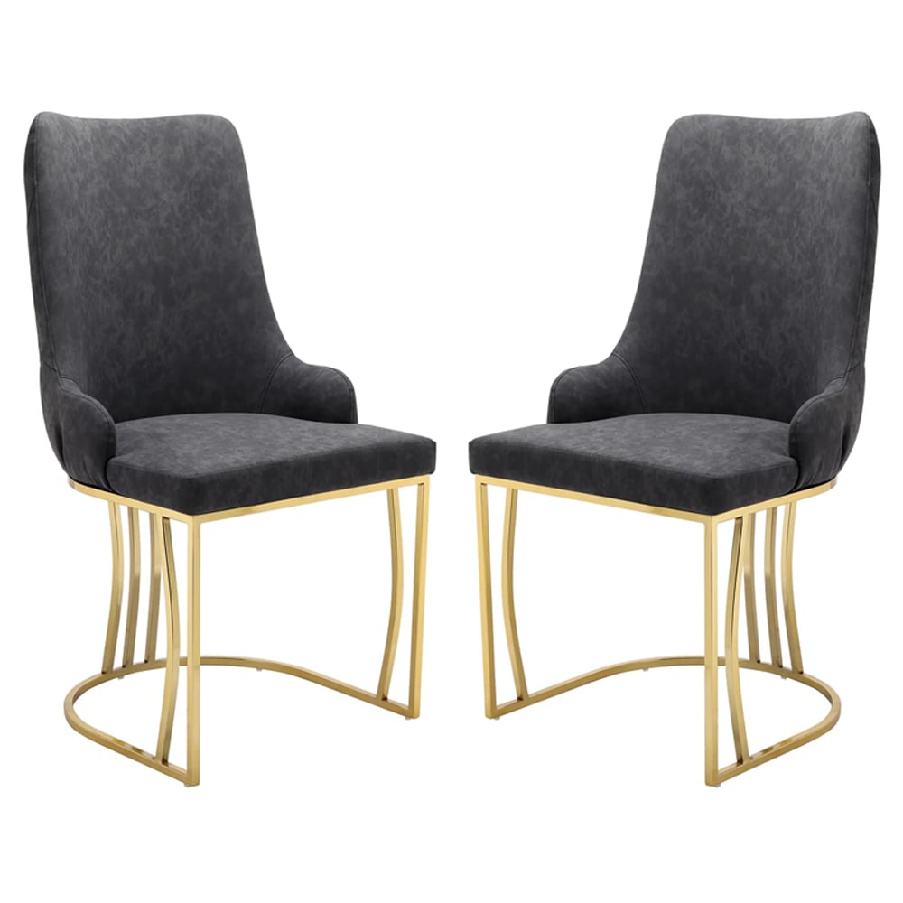 Burma Black PU Leather Dining Chairs With Gold Frame In Pair