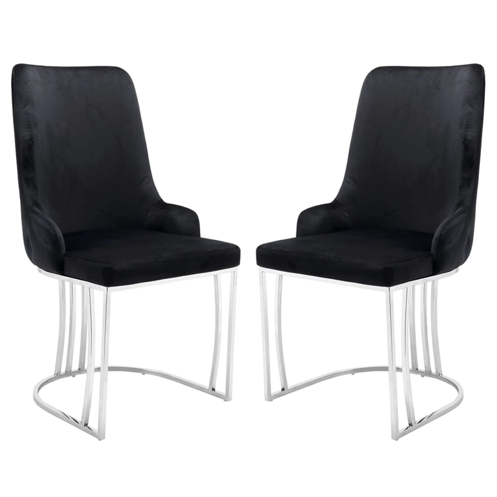 Burma Black Velvet Dining Chairs With Steel Frame In Pair