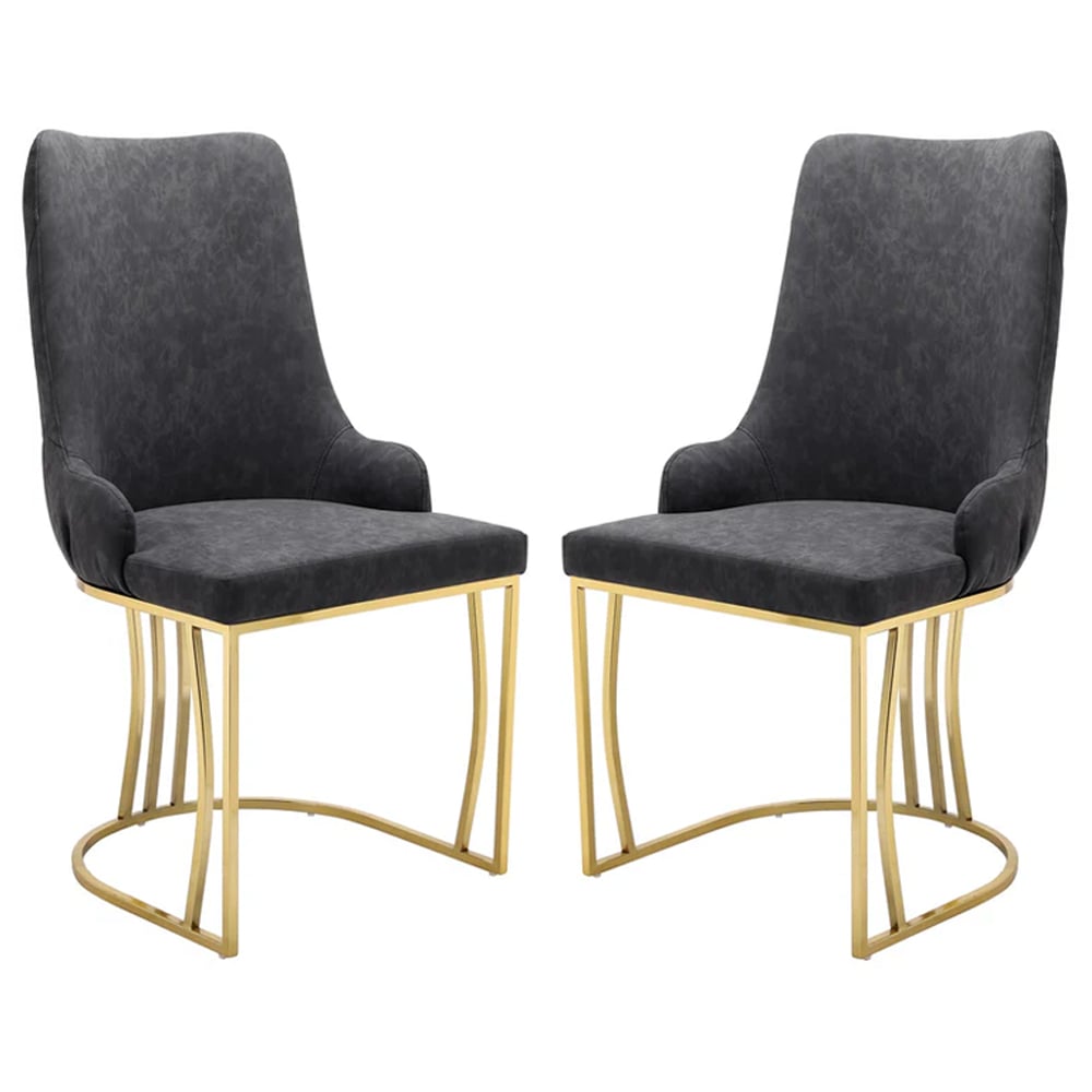 Burma Charcoal PU Leather Dining Chairs With Gold Frame In Pair