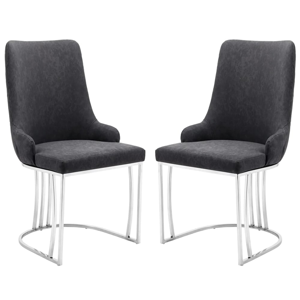 Burma Charcoal PU Leather Dining Chairs With Steel Frame In Pair