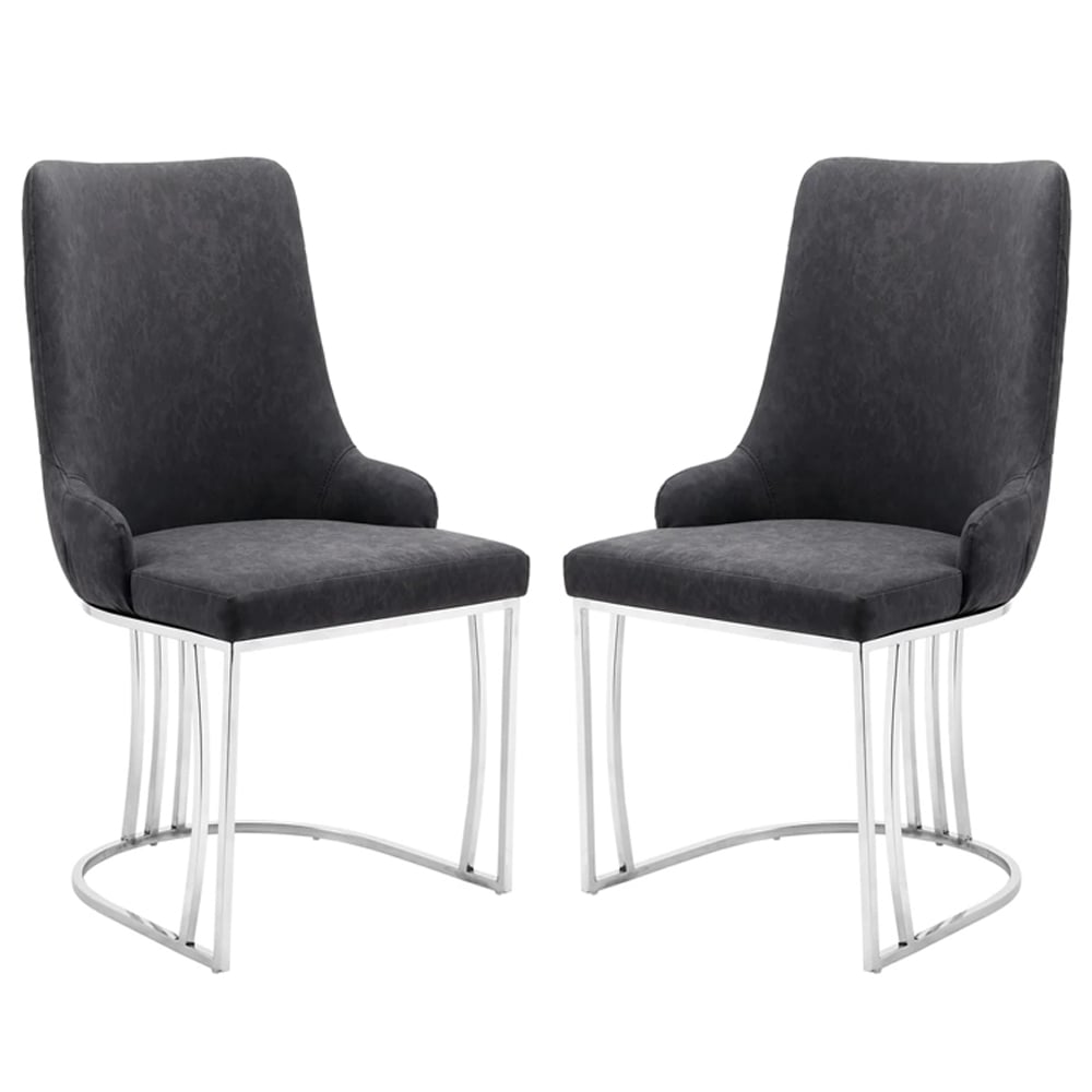 Burma Grey PU Leather Dining Chairs With Steel Frame In Pair