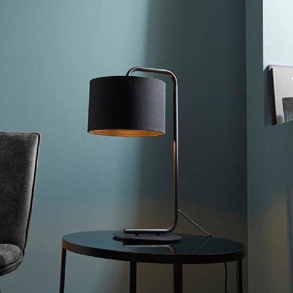 Butte Black Fabric Cylinder Shade Table Lamp In Satin Black | Bed Sava