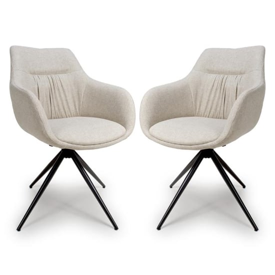 Buxton Swivel Carver Natural Fabric Dining Chairs In Pair