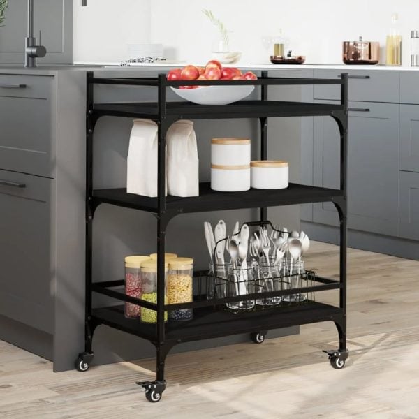 Byron Wooden Kitchen Trolley With 3 Shelves In Black | Bed Sava