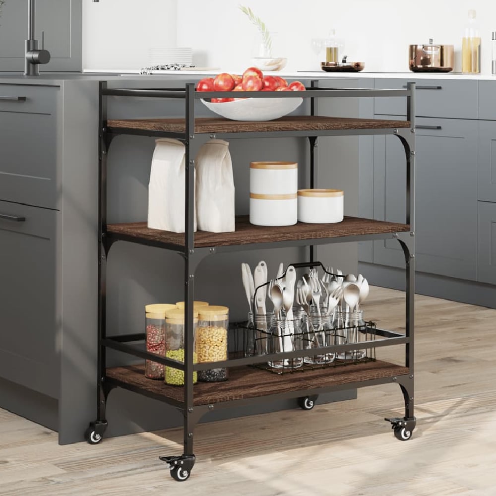 Byron Wooden Kitchen Trolley With 3 Shelves In Brown Oak