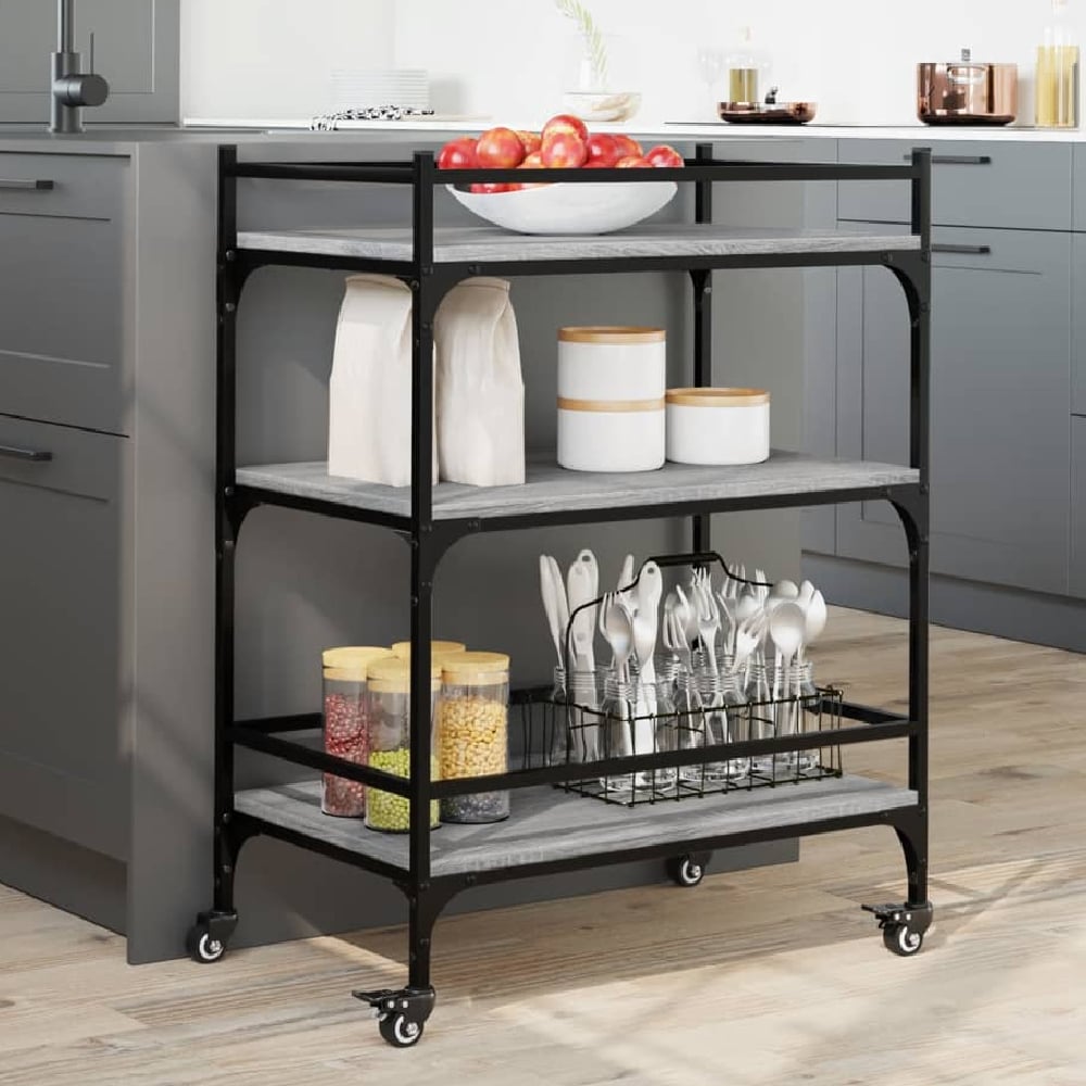 Byron Wooden Kitchen Trolley With 3 Shelves In Grey Sonoma