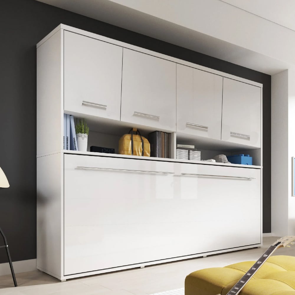 Cadott High Gloss Horizontal Wall Single Bed In White And LED