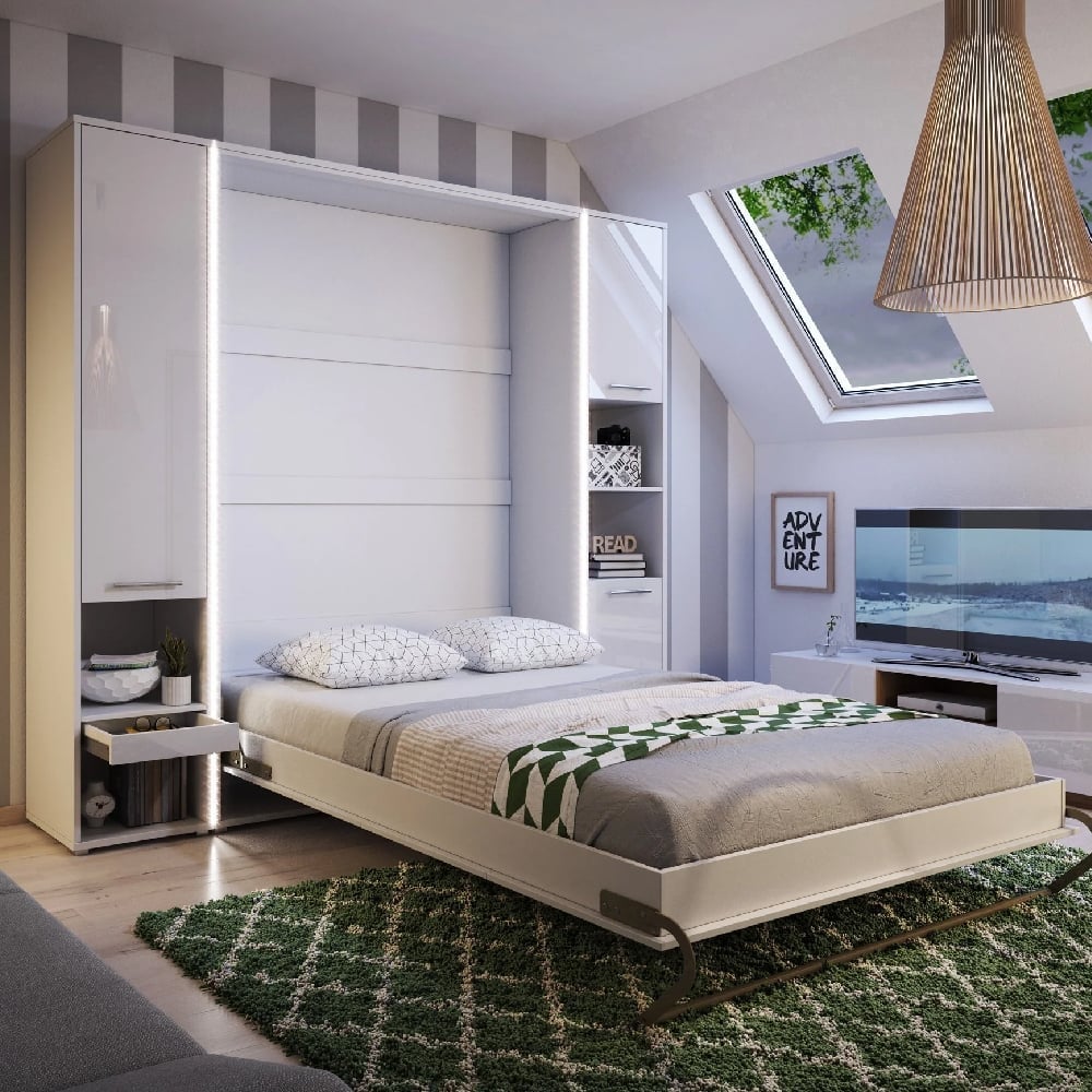 Cadott High Gloss Vertical Wall Double Bed In White And LED