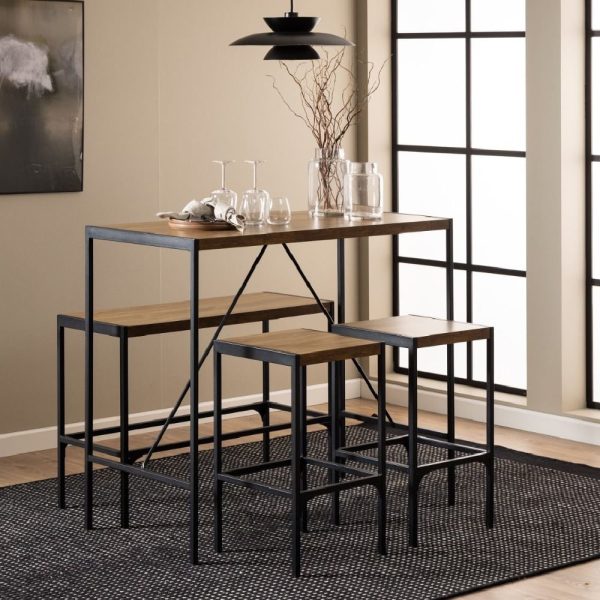 Cadott Wooden Bar Table With 1 Bench And 2 Stool In Oak | Bed Sava