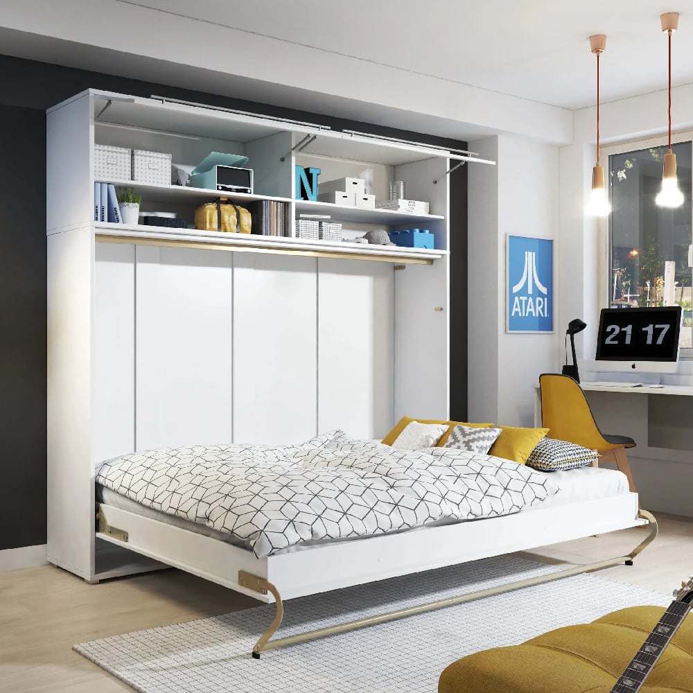 Cadott Wooden Horizontal Wall Double Bed In Matt White And LED