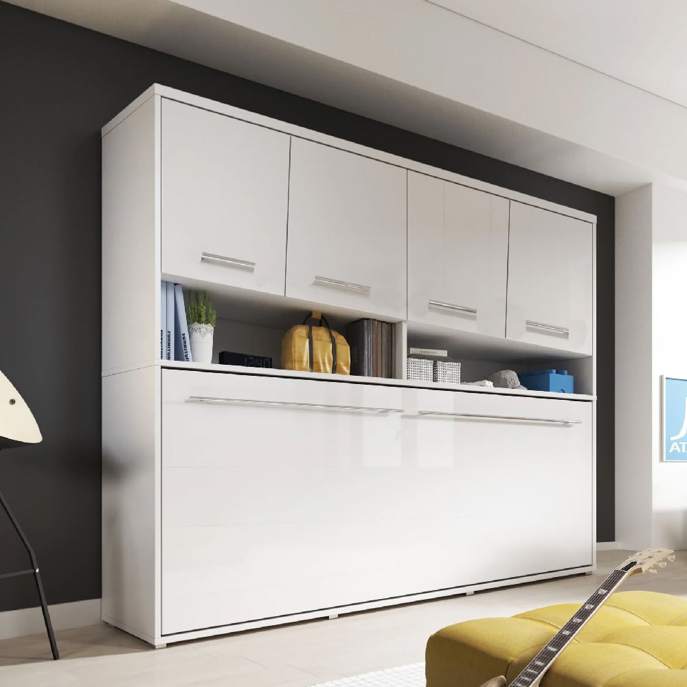 Cadott Wooden Horizontal Wall Single Bed In Matt White And LED