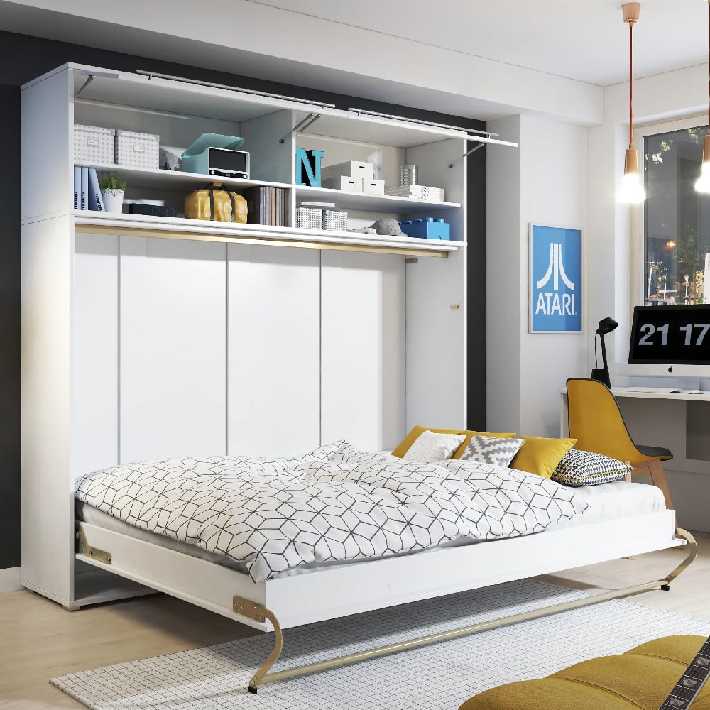 Cadott Wooden Horizontal Wall Small Double Bed In White And LED
