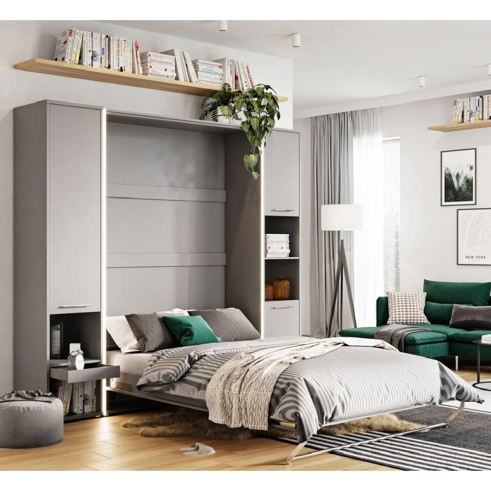 Cadott Wooden Vertical Wall Single Bed In Matt Grey And LED