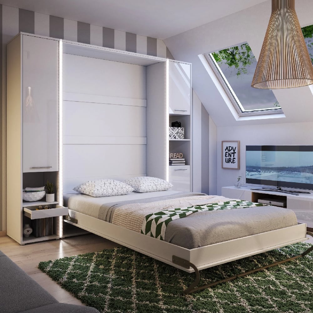 Cadott Wooden Vertical Wall Single Bed In Matt White And LED