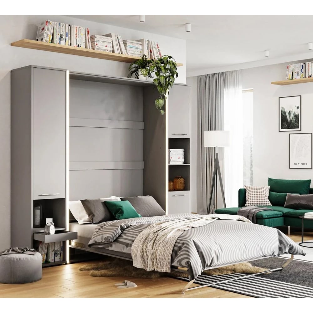 Cadott Wooden Vertical Wall Small Double Bed In Grey And LED