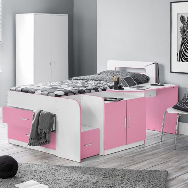 Caerwyn Wooden Children Bed In White And Pink | Bed Sava