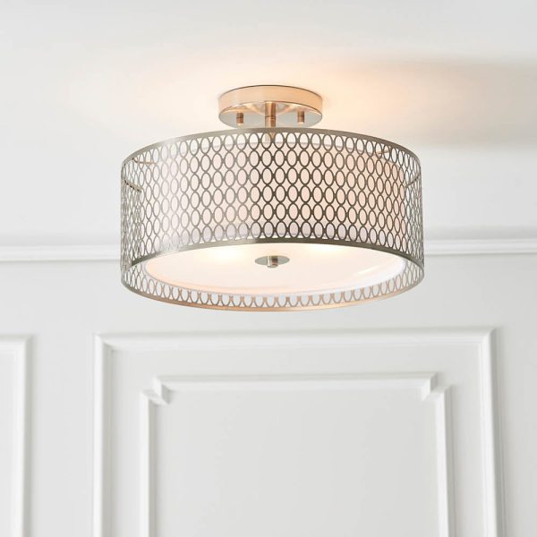 Cagney 3 Light White Fabric Shade Flush Light In Satin Nickel | Bed Sava